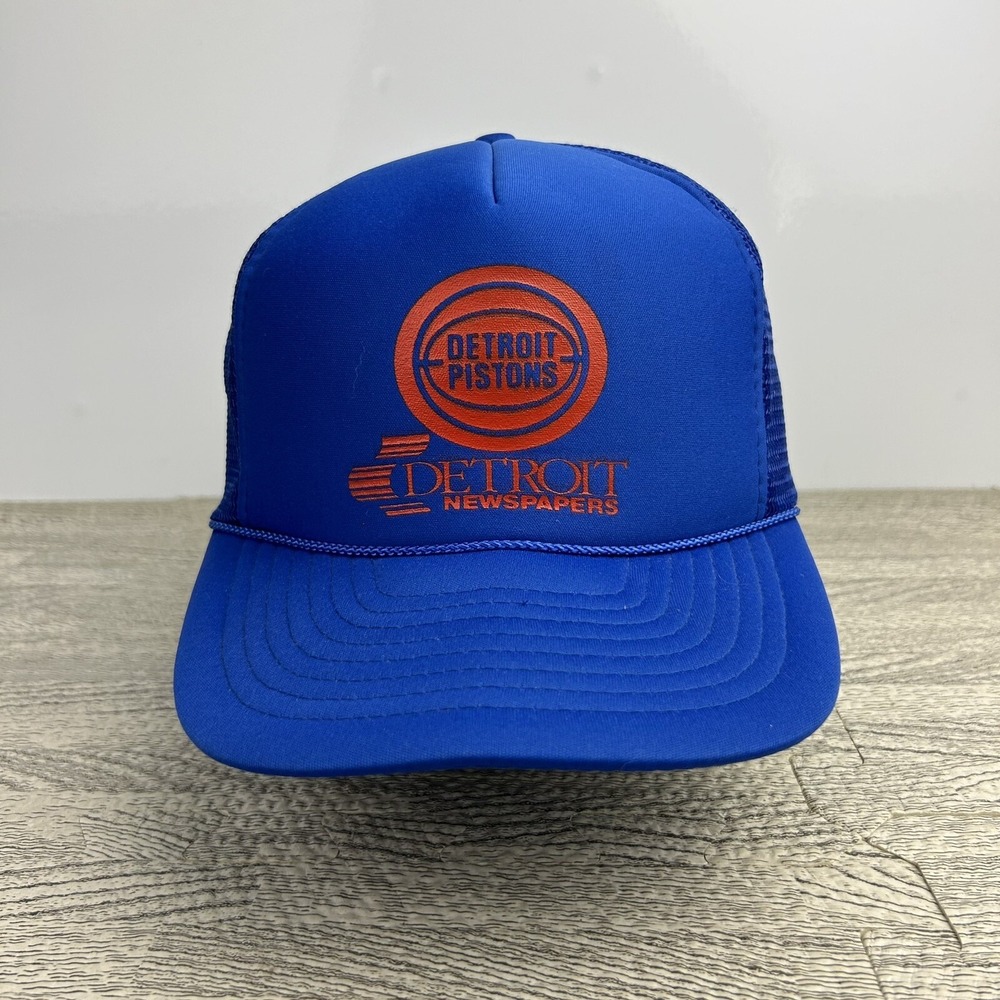 Vintage 90s Detroit Pistons Hat Cap Snap Back‎ Adjustable Blue Trucker NBA News